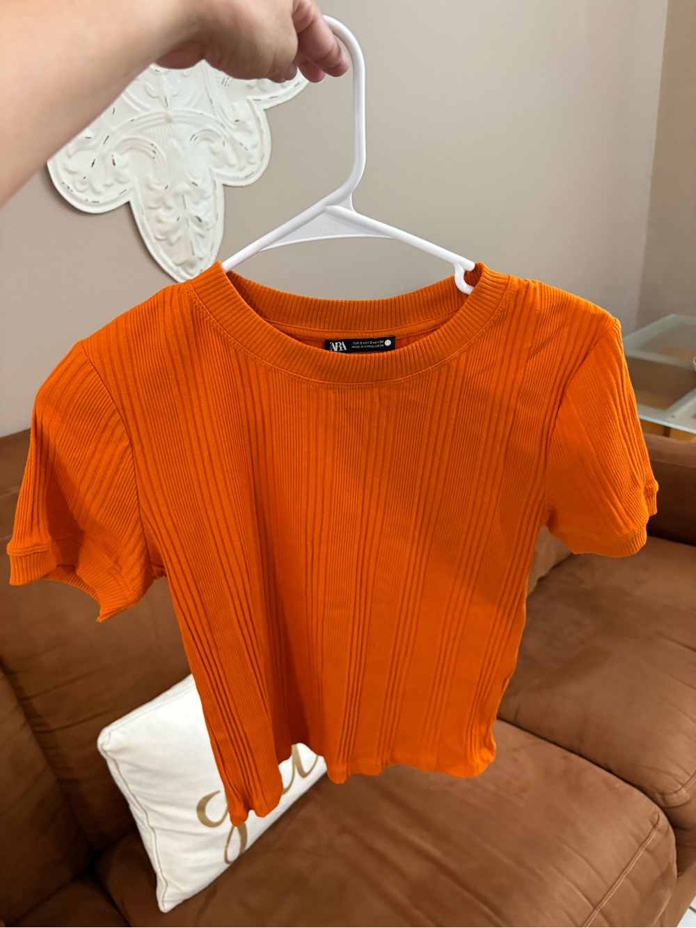 ZARA Vibrant Orange Ribbed Short Sleeve Crewneck Top